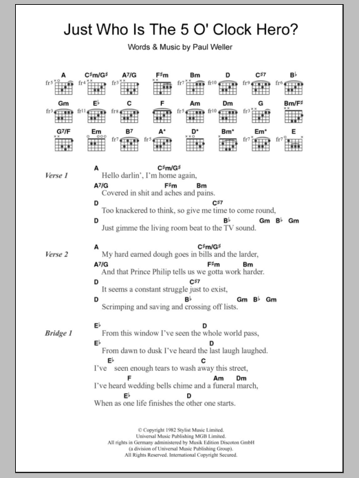 Download The Jam Just Who Is The 5 O'Clock Hero? Sheet Music and learn how to play Lyrics & Chords PDF digital score in minutes