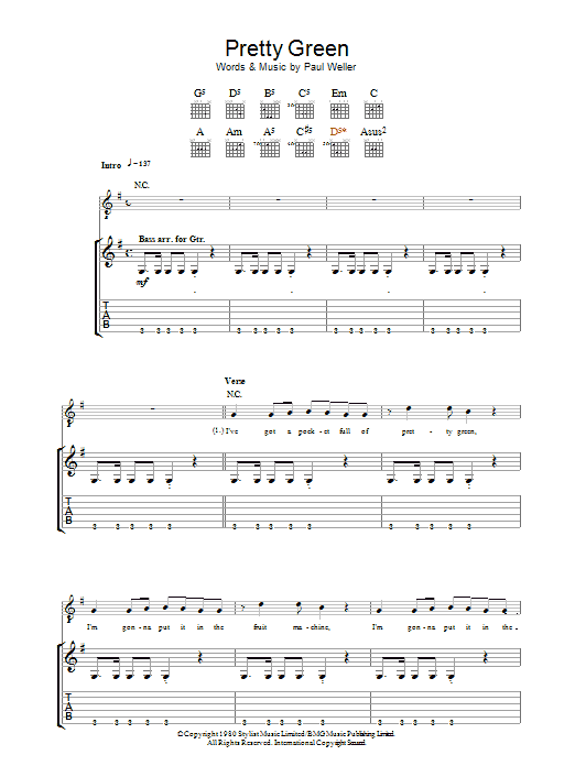 Download The Jam Pretty Green Sheet Music and learn how to play Guitar Tab PDF digital score in minutes