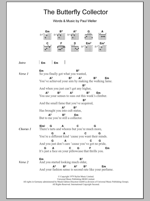 Download The Jam The Butterfly Collector Sheet Music and learn how to play Lyrics & Chords PDF digital score in minutes