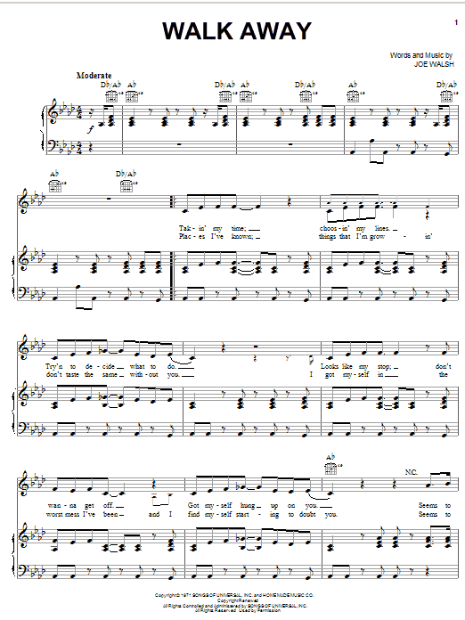 Download The James Gang Walk Away Sheet Music and learn how to play Piano, Vocal & Guitar (Right-Hand Melody) PDF digital score in minutes