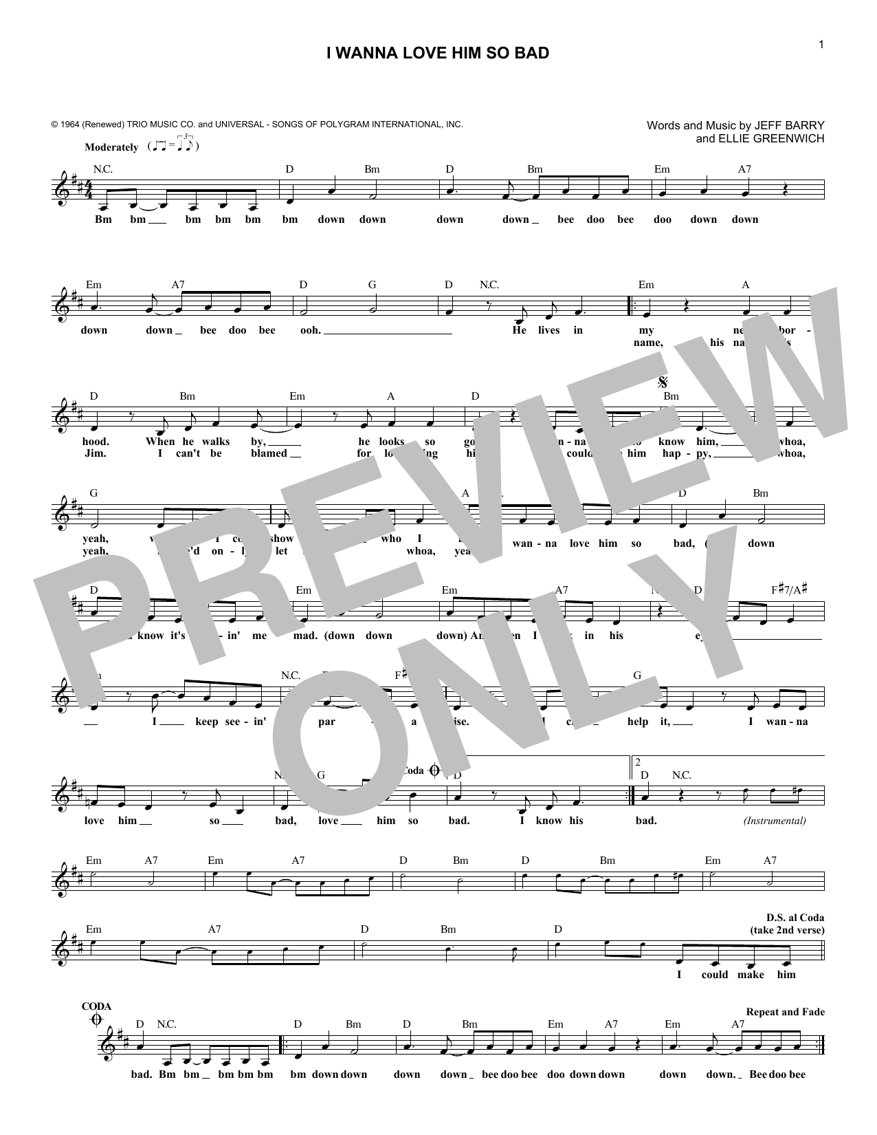 Download The Jelly Beans I Wanna Love Him So Bad Sheet Music and learn how to play Melody Line, Lyrics & Chords PDF digital score in minutes