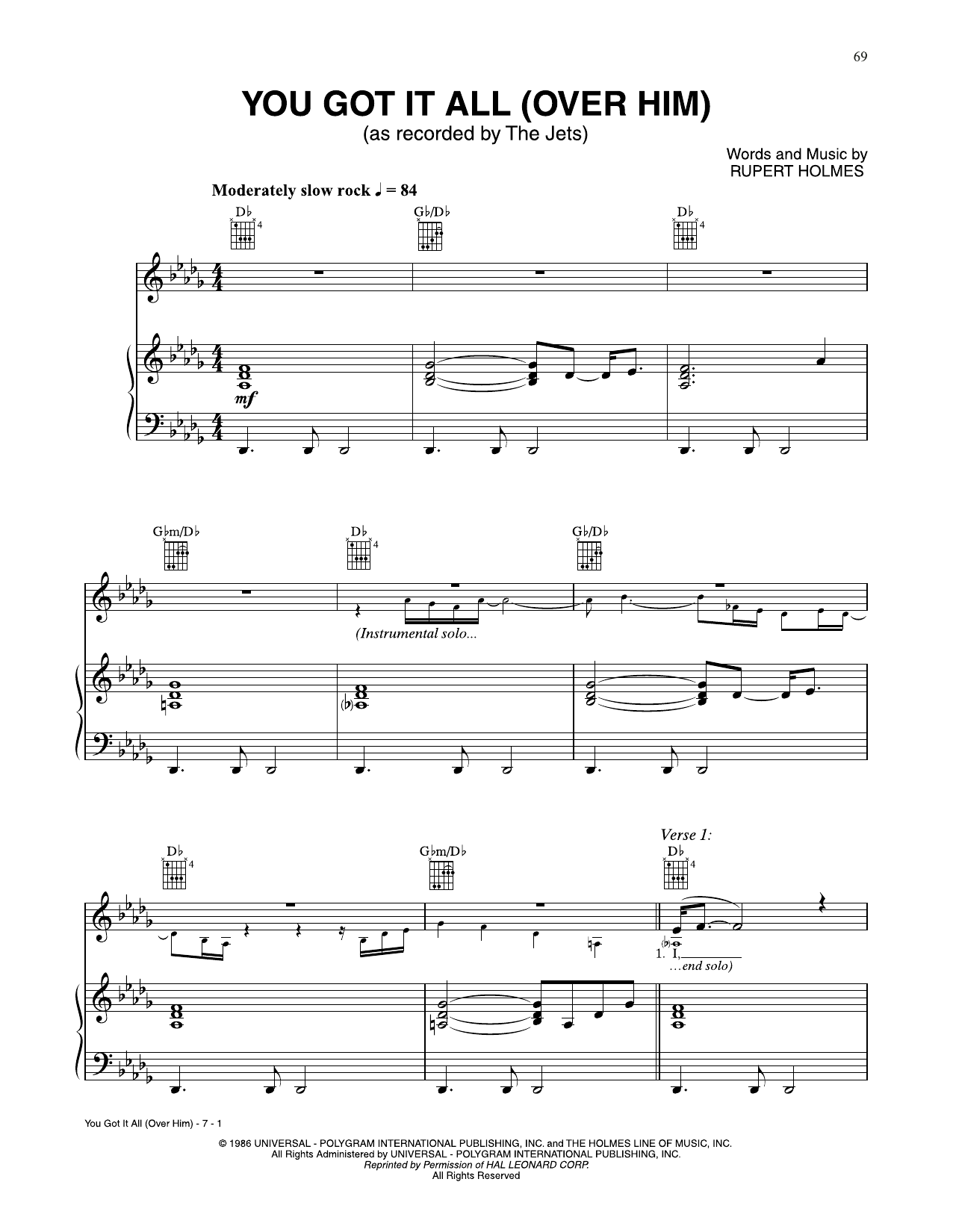 Download The Jets You Got It All (Over Him) Sheet Music and learn how to play Piano, Vocal & Guitar Chords (Right-Hand Melody) PDF digital score in minutes