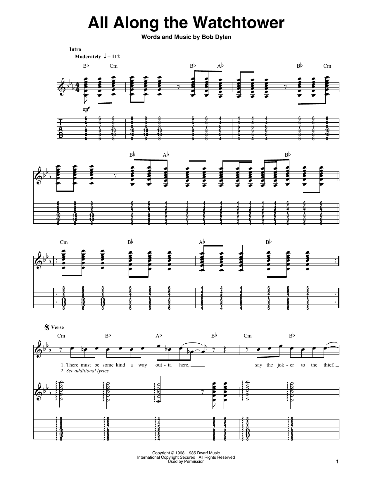 Download The Jimi Hendrix Experience All Along The Watchtower Sheet Music and learn how to play Guitar Tab (Single Guitar) PDF digital score in minutes