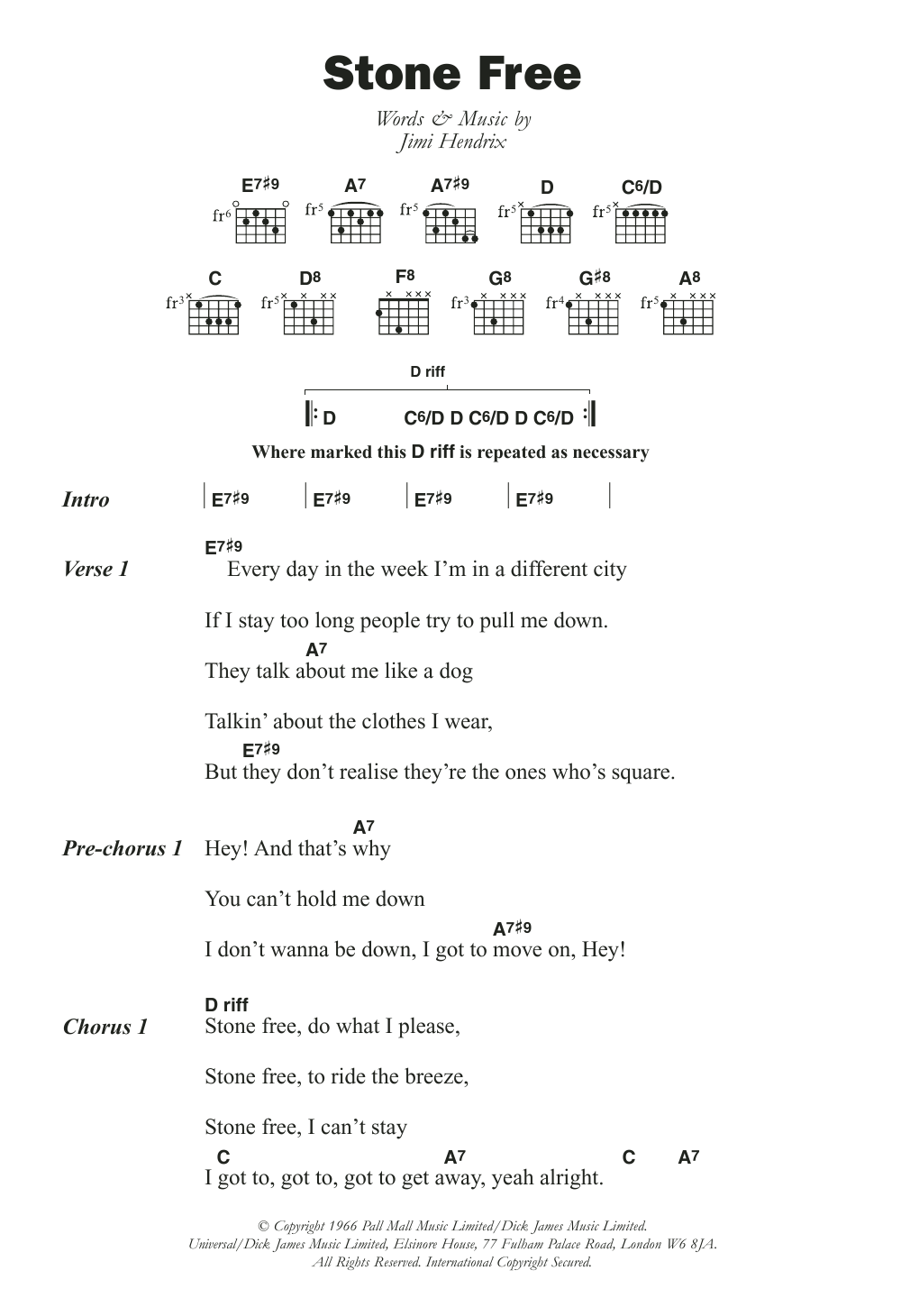 Download The Jimi Hendrix Experience Stone Free Sheet Music and learn how to play Guitar Chords/Lyrics PDF digital score in minutes