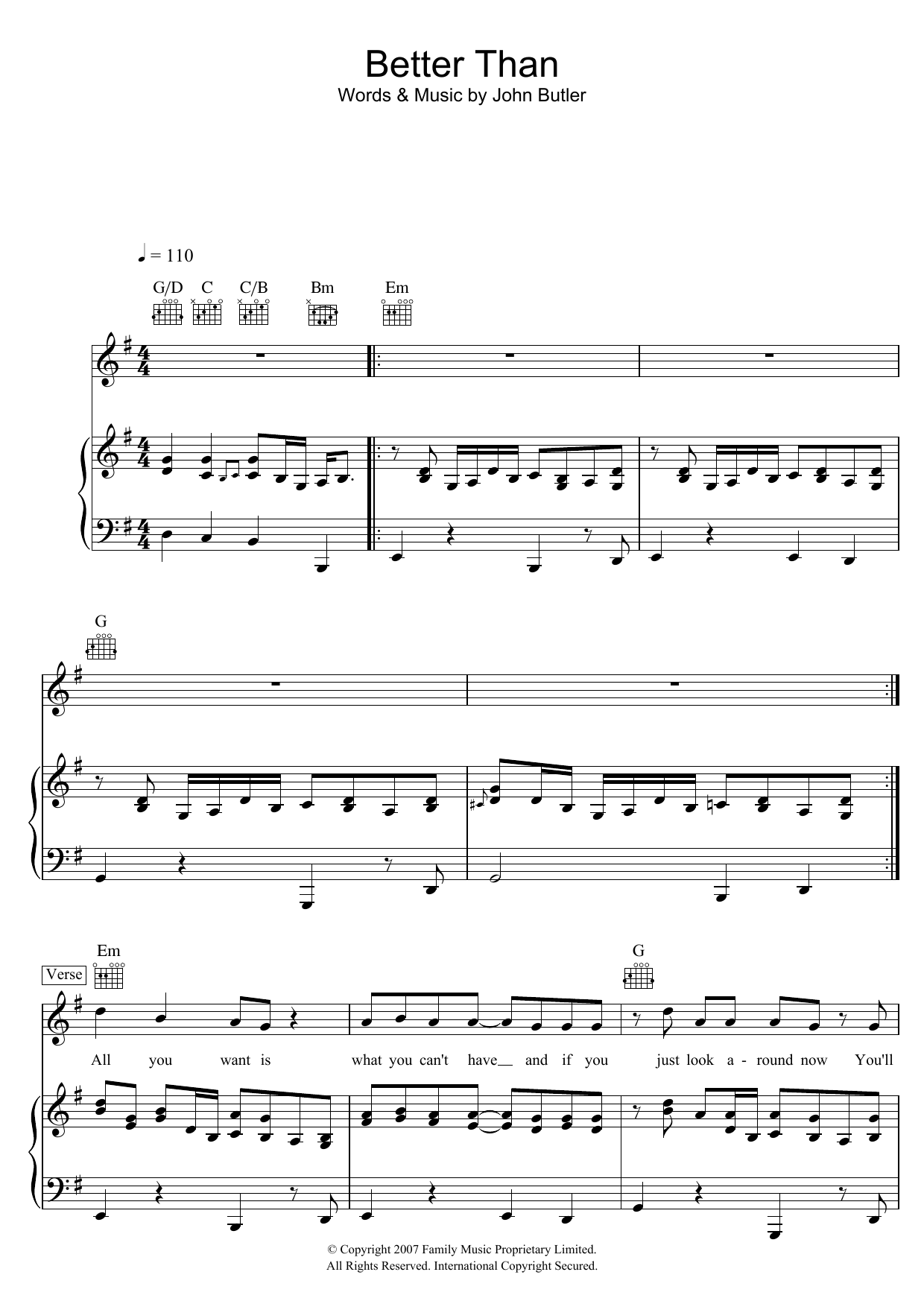 Download The John Butler Trio Better Than Sheet Music and learn how to play Piano, Vocal & Guitar (Right-Hand Melody) PDF digital score in minutes