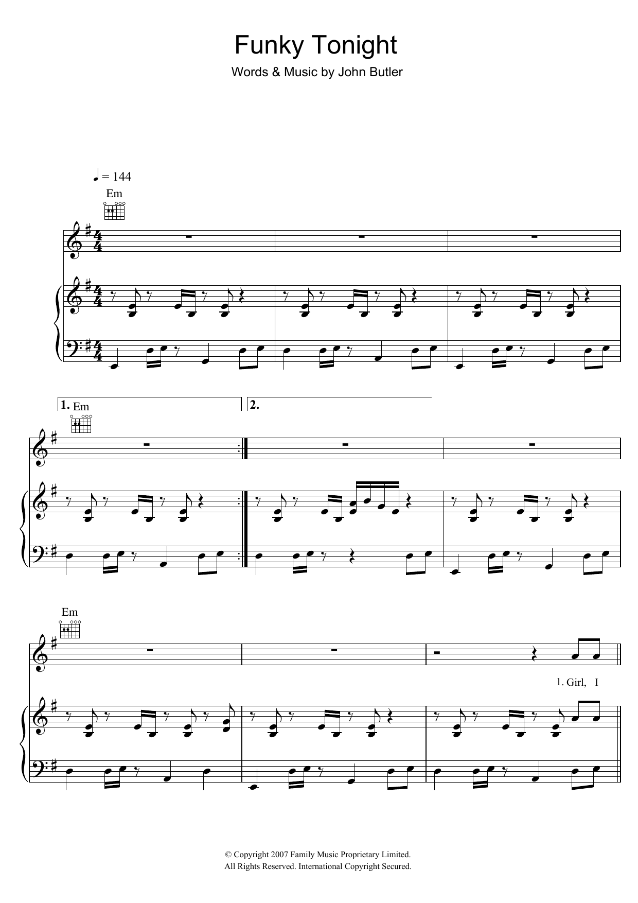 Download The John Butler Trio Funky Tonight Sheet Music and learn how to play Piano, Vocal & Guitar (Right-Hand Melody) PDF digital score in minutes