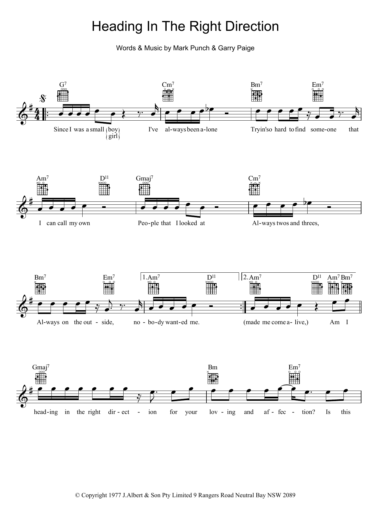 Download The Johnny Rocco Band Heading In The Right Direction Sheet Music and learn how to play Melody Line, Lyrics & Chords PDF digital score in minutes