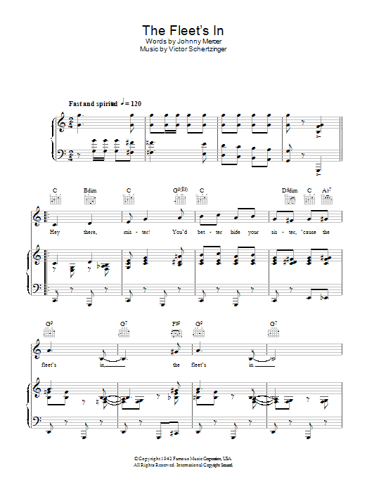 Download The Johnson Brothers The Fleet's In Sheet Music and learn how to play Piano, Vocal & Guitar (Right-Hand Melody) PDF digital score in minutes