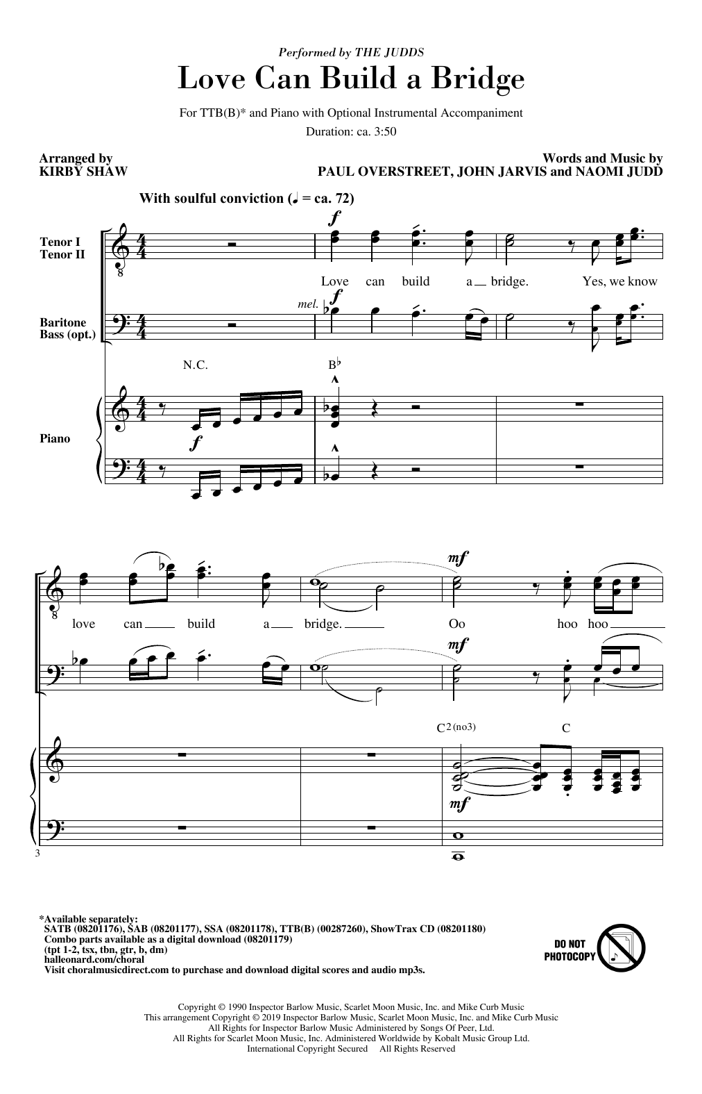 Download The Judds Love Can Build A Bridge (arr. Kirby Shaw) Sheet Music and learn how to play TTBB Choir PDF digital score in minutes