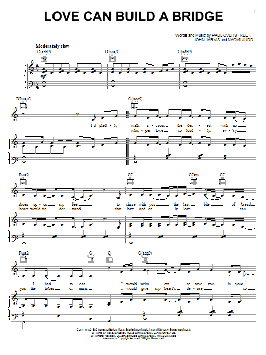 Download The Judds Love Can Build A Bridge Sheet Music and learn how to play Piano, Vocal & Guitar (Right-Hand Melody) PDF digital score in minutes