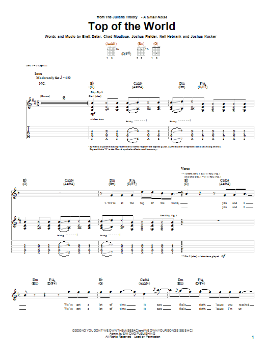 Download The Juliana Theory Top Of The World Sheet Music and learn how to play Guitar Tab PDF digital score in minutes