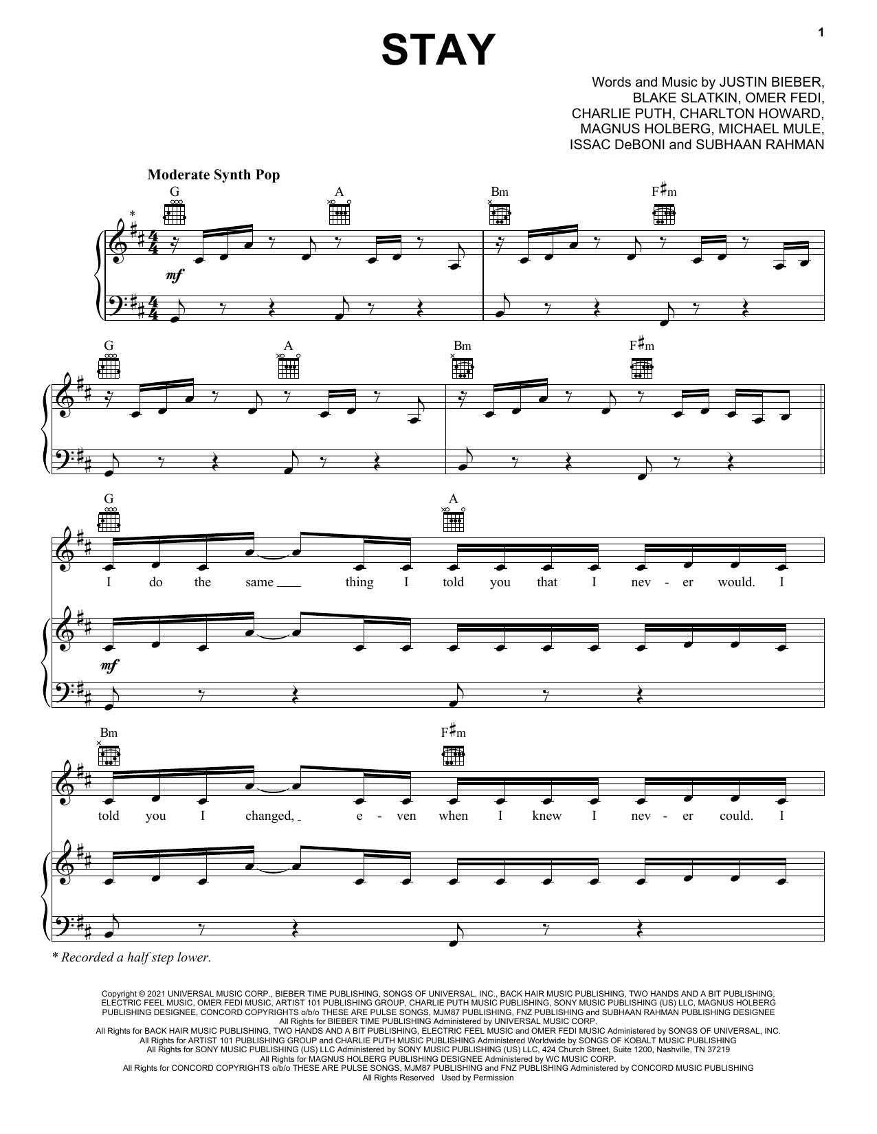 Download The Kid LAROI Stay (feat. Justin Bieber) Sheet Music and learn how to play Super Easy Piano PDF digital score in minutes