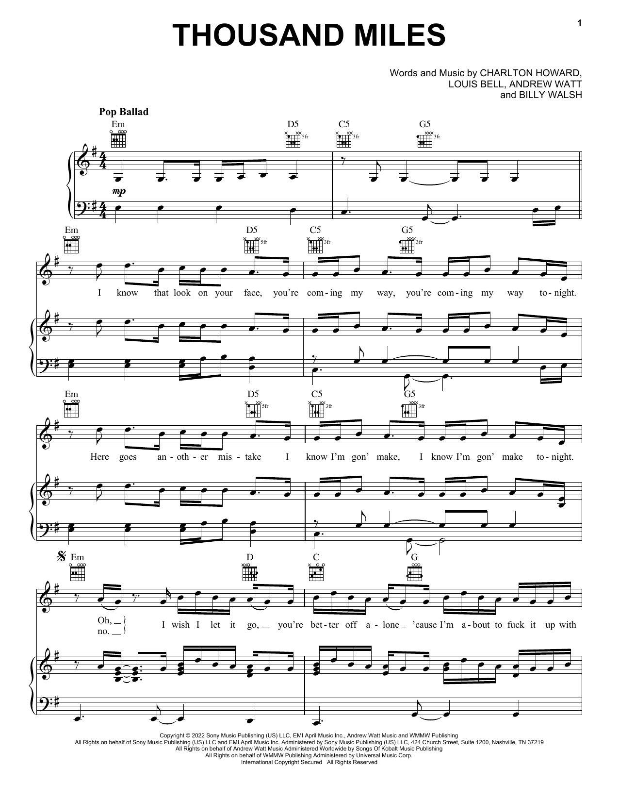 Download The Kid LAROI Thousand Miles Sheet Music and learn how to play Piano, Vocal & Guitar Chords (Right-Hand Melody) PDF digital score in minutes