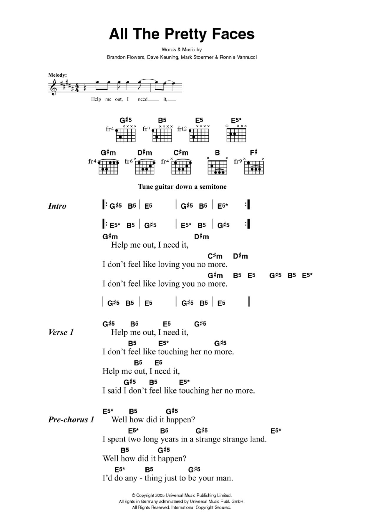 Download The Killers All The Pretty Faces Sheet Music and learn how to play Lyrics & Chords PDF digital score in minutes