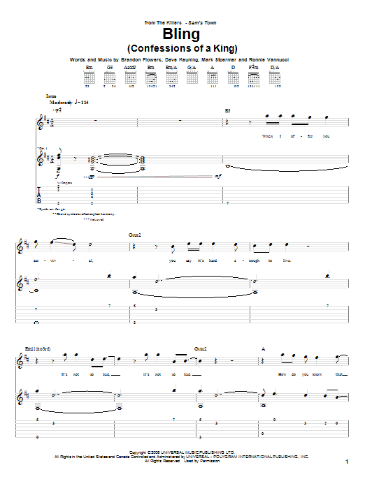 Download The Killers Bling (Confessions Of A King) Sheet Music and learn how to play Guitar Tab PDF digital score in minutes