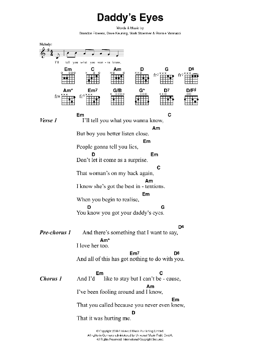 Download The Killers Daddy's Eyes Sheet Music and learn how to play Lyrics & Chords PDF digital score in minutes