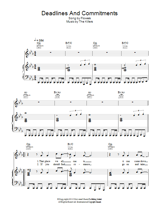 Download The Killers Deadlines And Commitments Sheet Music and learn how to play Piano, Vocal & Guitar (Right-Hand Melody) PDF digital score in minutes