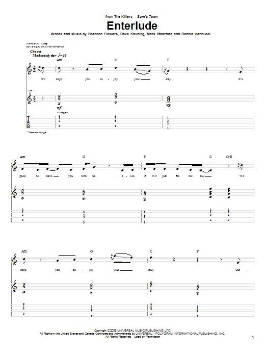 Download The Killers Enterlude Sheet Music and learn how to play Lyrics & Chords PDF digital score in minutes