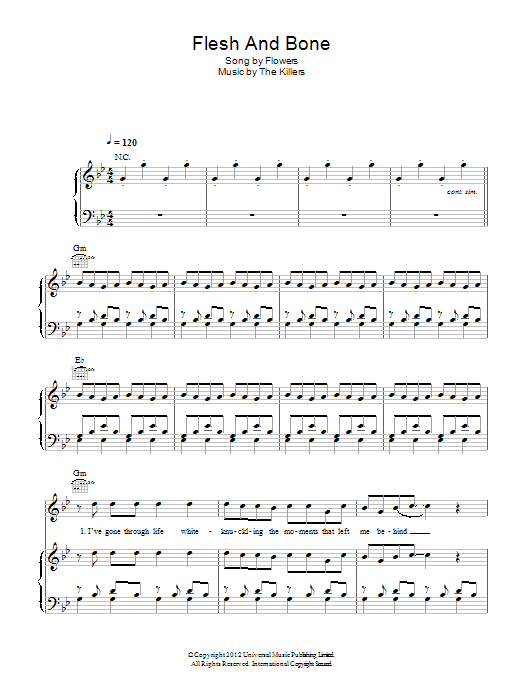 Download The Killers Flesh And Bone Sheet Music and learn how to play Piano, Vocal & Guitar (Right-Hand Melody) PDF digital score in minutes