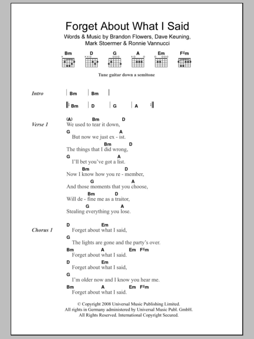 Download The Killers Forget About What I Said Sheet Music and learn how to play Lyrics & Chords PDF digital score in minutes