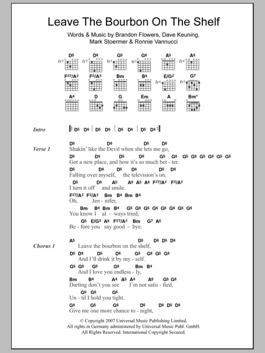 Download The Killers Leave The Bourbon On The Shelf Sheet Music and learn how to play Lyrics & Chords PDF digital score in minutes