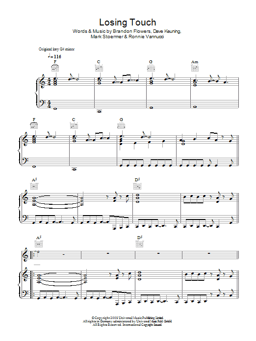 Download The Killers Losing Touch Sheet Music and learn how to play Piano, Vocal & Guitar (Right-Hand Melody) PDF digital score in minutes