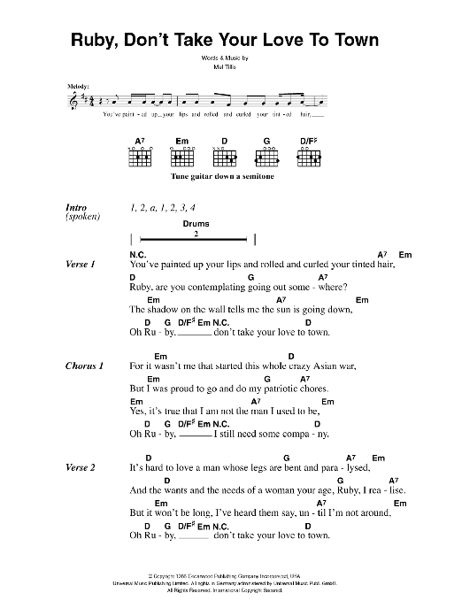 Download The Killers Ruby, Don't Take Your Love To Town Sheet Music and learn how to play Lyrics & Chords PDF digital score in minutes