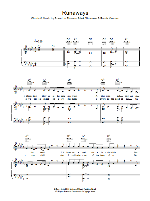 Download The Killers Runaways Sheet Music and learn how to play Piano, Vocal & Guitar Chords PDF digital score in minutes