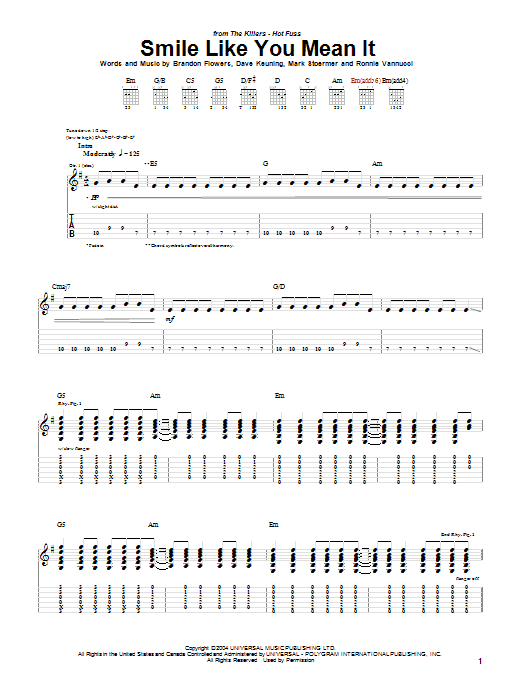 Download The Killers Smile Like You Mean It Sheet Music and learn how to play Guitar Tab PDF digital score in minutes
