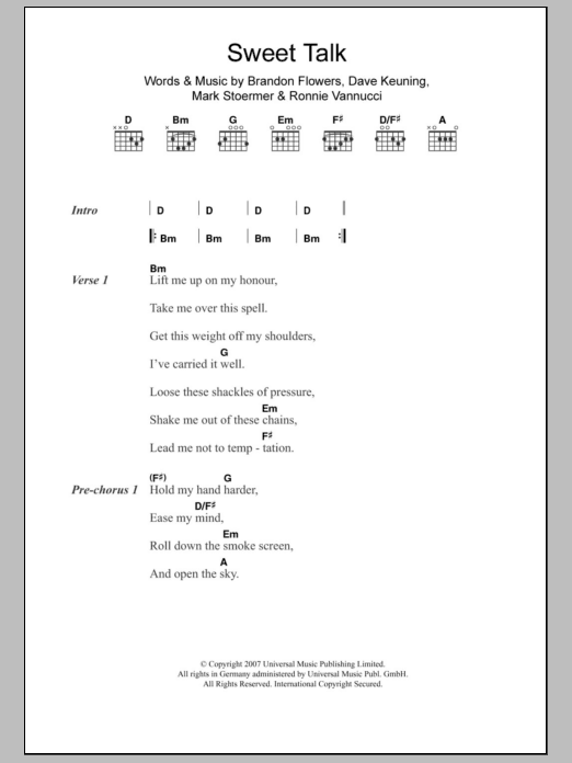 Download The Killers Sweet Talk Sheet Music and learn how to play Lyrics & Chords PDF digital score in minutes
