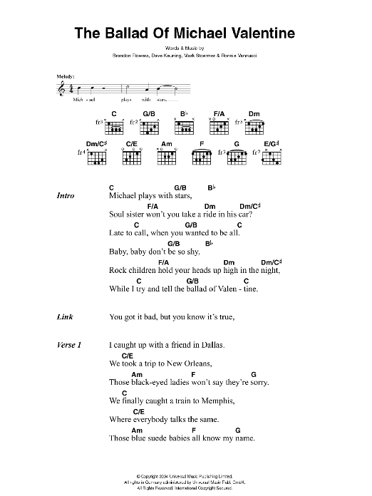 Download The Killers The Ballad Of Michael Valentine Sheet Music and learn how to play Lyrics & Chords PDF digital score in minutes