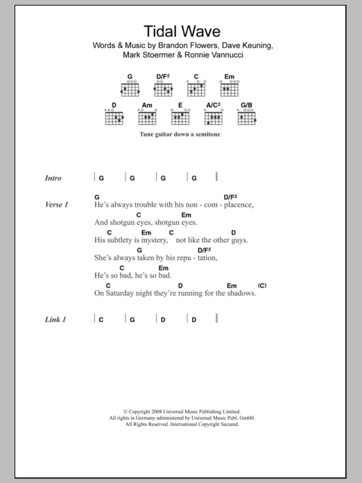 Download The Killers Tidal Wave Sheet Music and learn how to play Lyrics & Chords PDF digital score in minutes