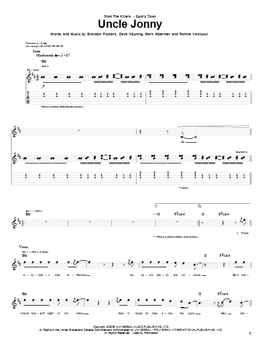 Download The Killers Uncle Jonny Sheet Music and learn how to play Lyrics & Chords PDF digital score in minutes