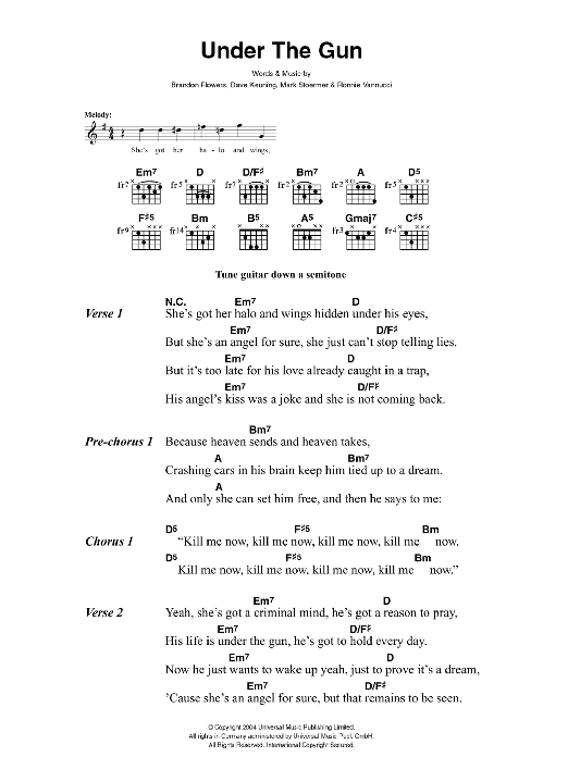 Download The Killers Under The Gun Sheet Music and learn how to play Lyrics & Chords PDF digital score in minutes