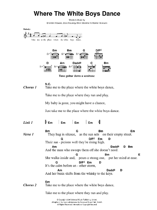 Download The Killers Where The White Boys Dance Sheet Music and learn how to play Lyrics & Chords PDF digital score in minutes