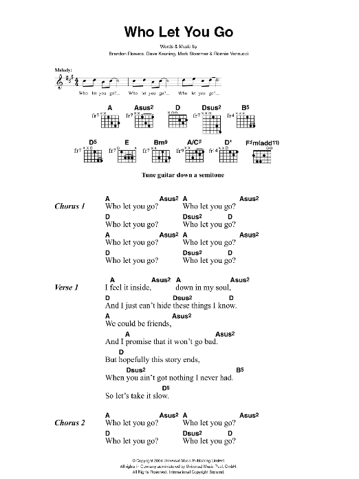 Download The Killers Who Let You Go Sheet Music and learn how to play Lyrics & Chords PDF digital score in minutes