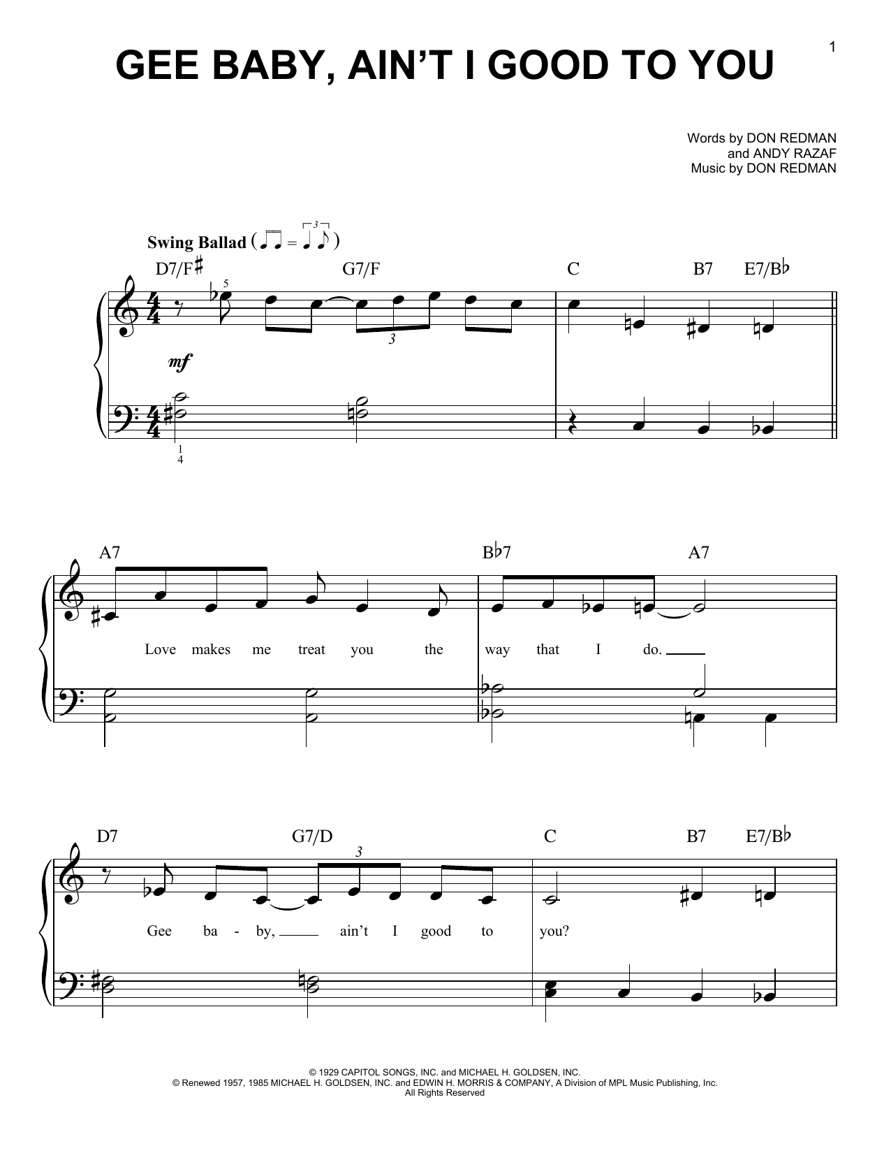 Download The King Cole Trio Gee Baby, Ain't I Good To You Sheet Music and learn how to play Very Easy Piano PDF digital score in minutes