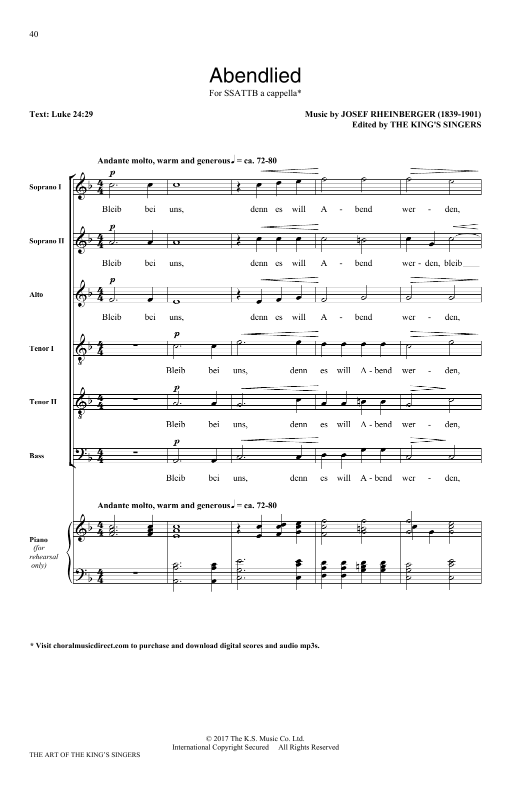 Download Josef Rheinberger Abendlied Sheet Music and learn how to play SATB PDF digital score in minutes