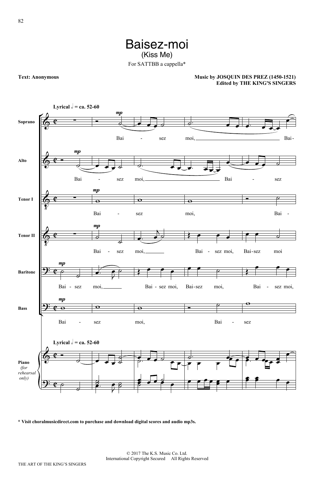 Download Josquin Des Prez Baisez-moi (Kiss Me) Sheet Music and learn how to play SATB PDF digital score in minutes