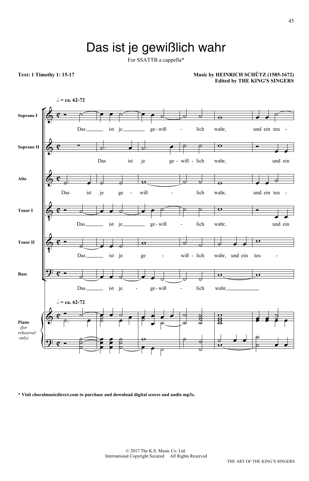 Download Heinrich Schutz Das ist je gewusslich wahr Sheet Music and learn how to play SATB PDF digital score in minutes