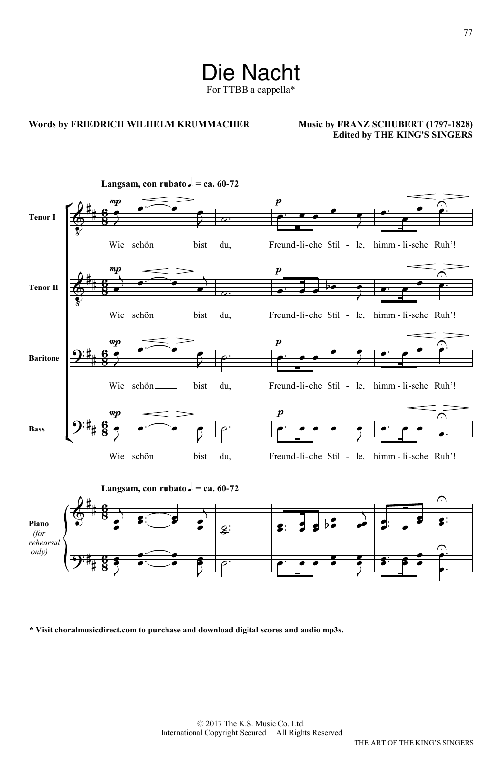 Download Franz Schubert Die Nacht Sheet Music and learn how to play SATB PDF digital score in minutes
