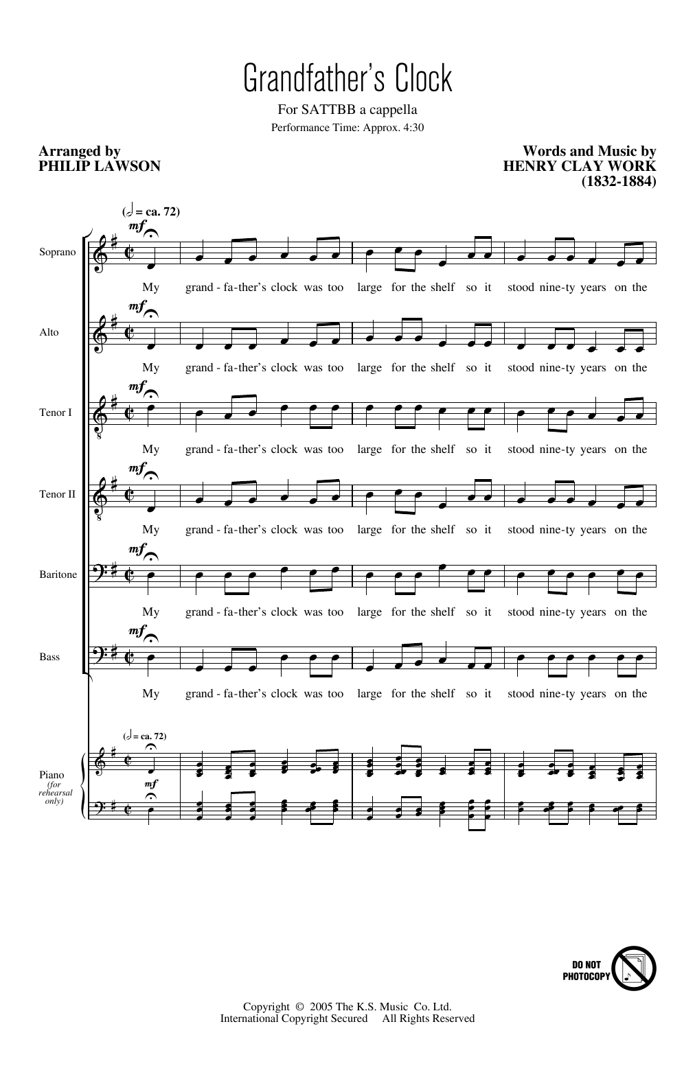 Download The King's Singers Grandfather's Clock (arr. Philip Lawson) Sheet Music and learn how to play SATTBB Choir PDF digital score in minutes