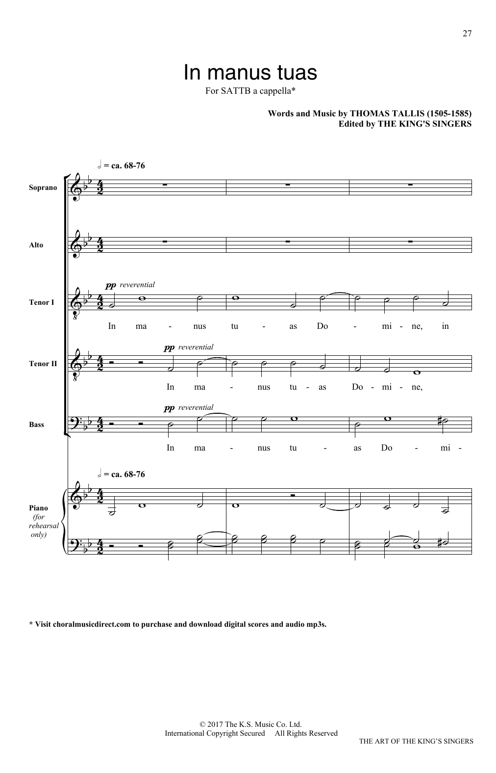 Download Thomas Tallis In Manus Tuas Sheet Music and learn how to play SATB PDF digital score in minutes