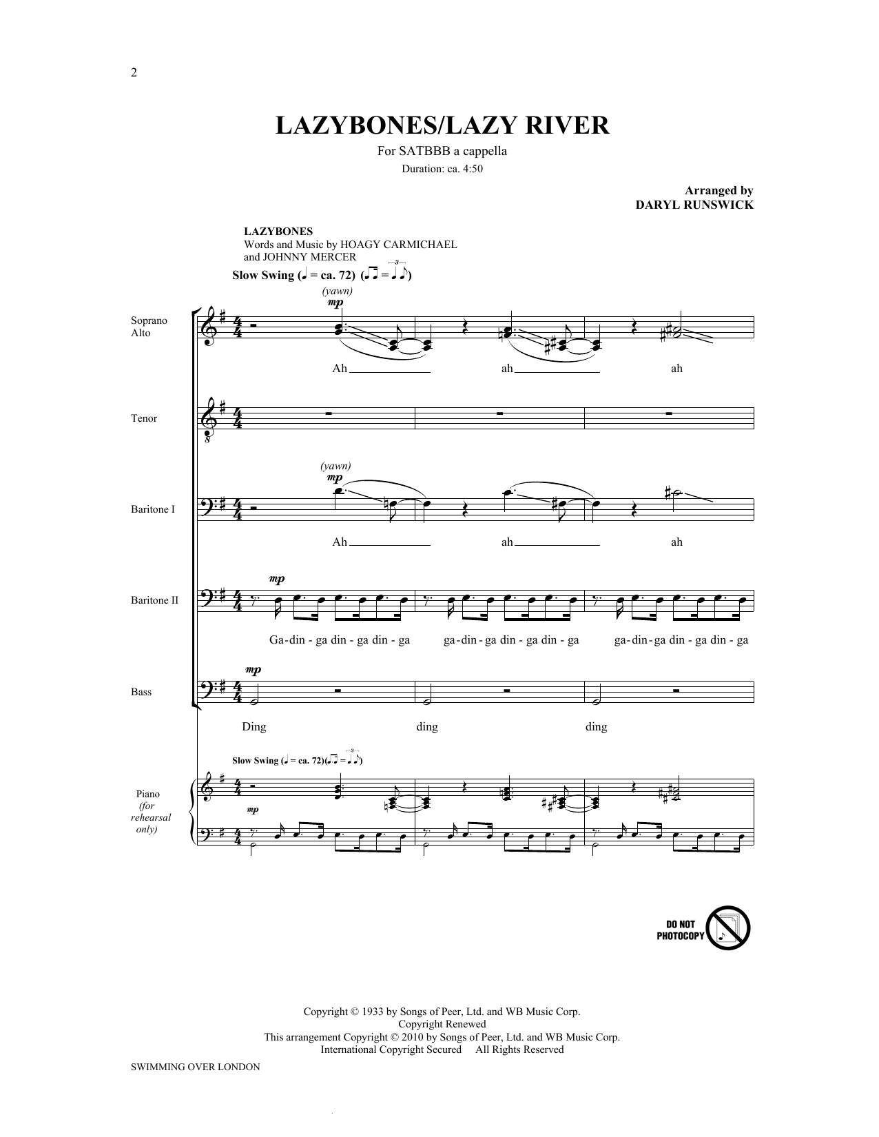 Download The King's Singers Lazybones / Lazy River (arr. Daryl Runswick) Sheet Music and learn how to play Choral SATBBB PDF digital score in minutes