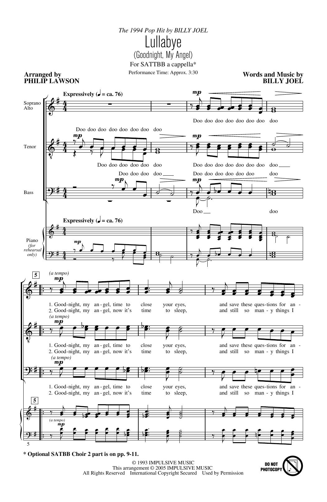 Download Philip Lawson Lullabye (Goodnight, My Angel) Sheet Music and learn how to play SATTBB PDF digital score in minutes