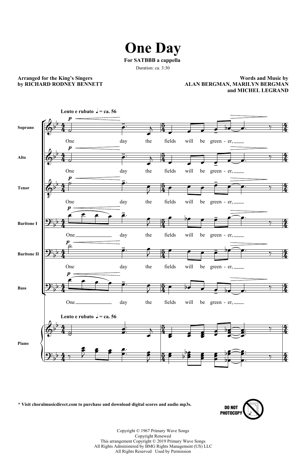 Download The King's Singers One Day (arr. Richard Rodney Bennett) Sheet Music and learn how to play SATB Choir PDF digital score in minutes