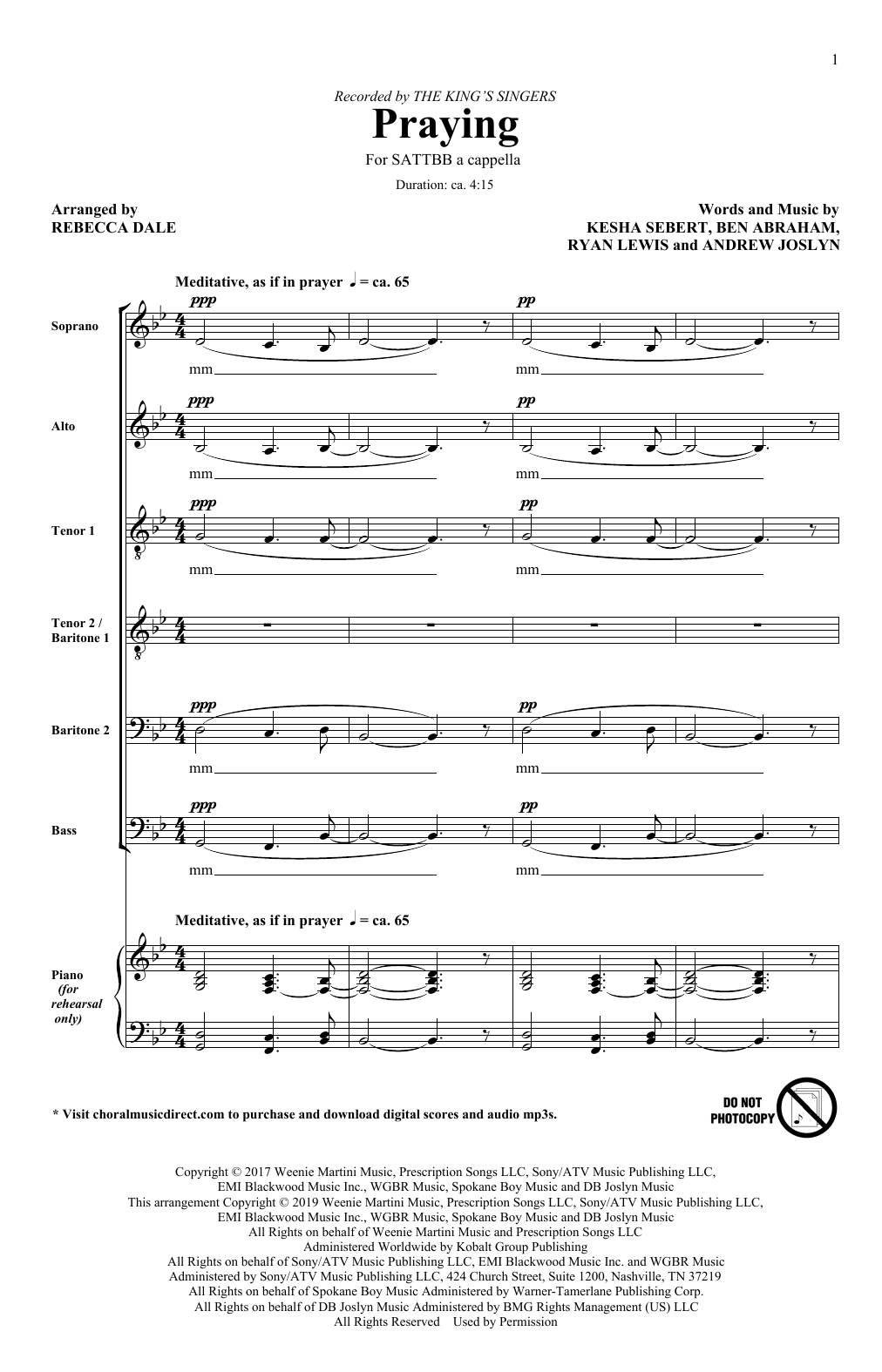 Download The King's Singers Praying (arr. Rebecca Dale) Sheet Music and learn how to play SATB Choir PDF digital score in minutes