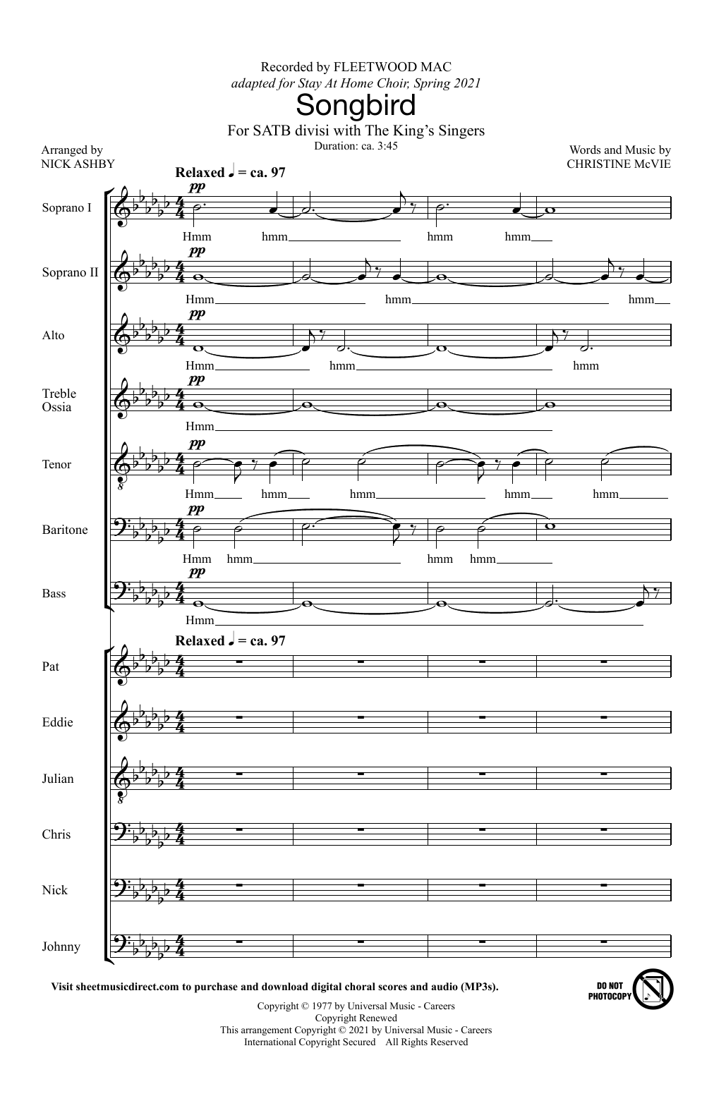 Download The King's Singers Songbird (arr. Nick Ashby) Sheet Music and learn how to play SATB Choir PDF digital score in minutes
