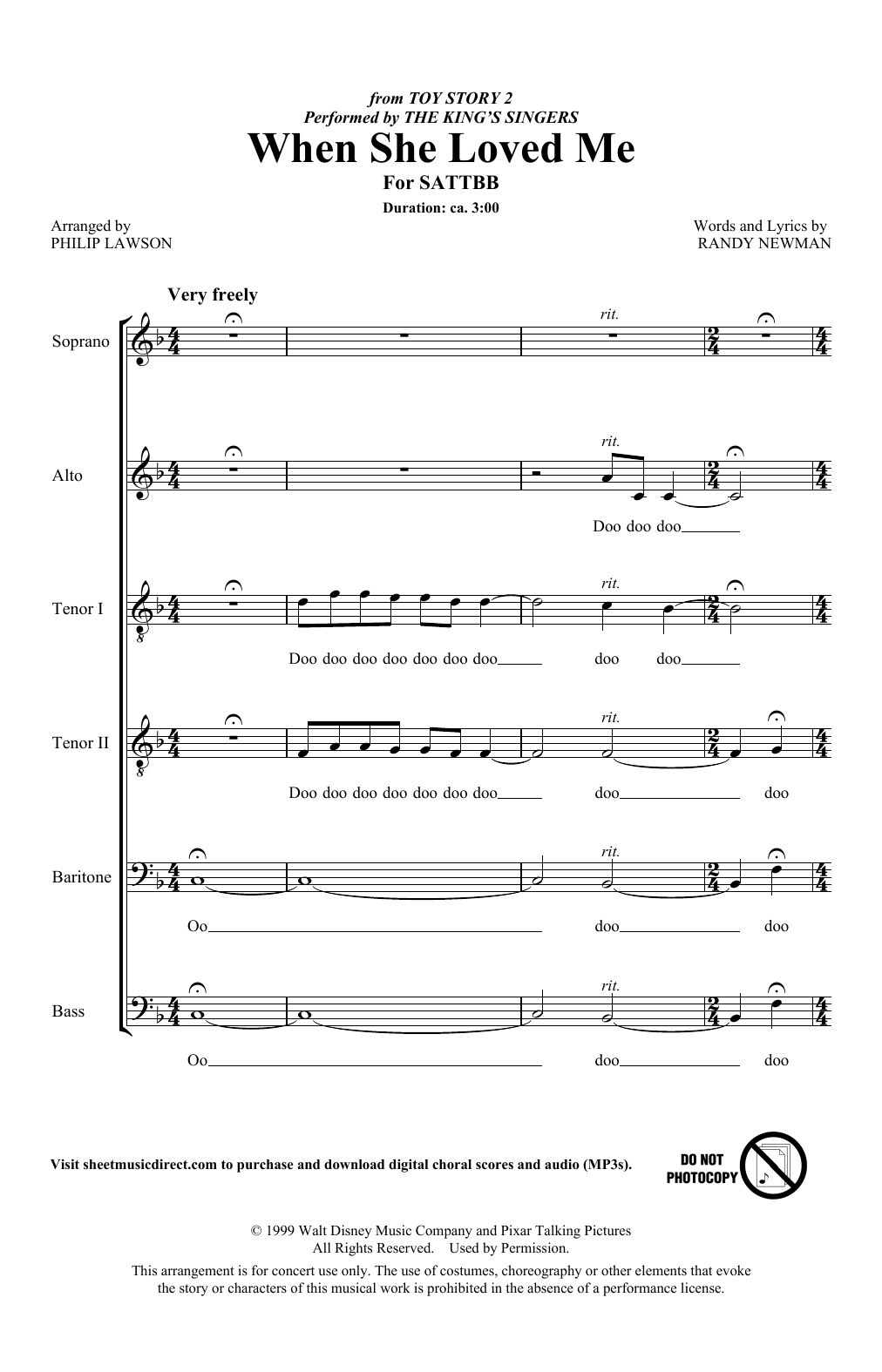 Download The King's Singers When She Loved Me (from Toy Story 2) (arr. Philip Lawson) Sheet Music and learn how to play Choir PDF digital score in minutes