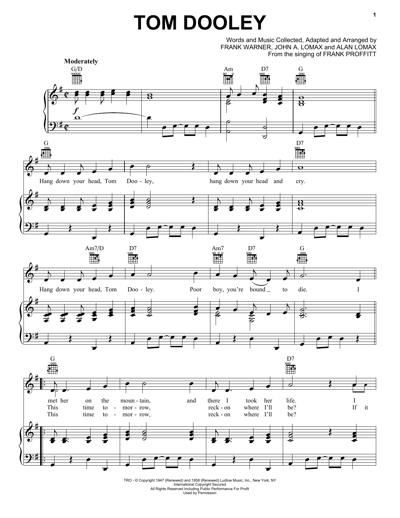 Download Kingston Trio Tom Dooley Sheet Music and learn how to play Piano, Vocal & Guitar (Right-Hand Melody) PDF digital score in minutes